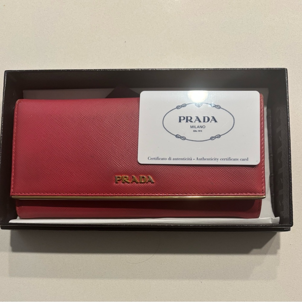 Prada Maroon Pink Saffiano Continental Wallet with Gold Logo